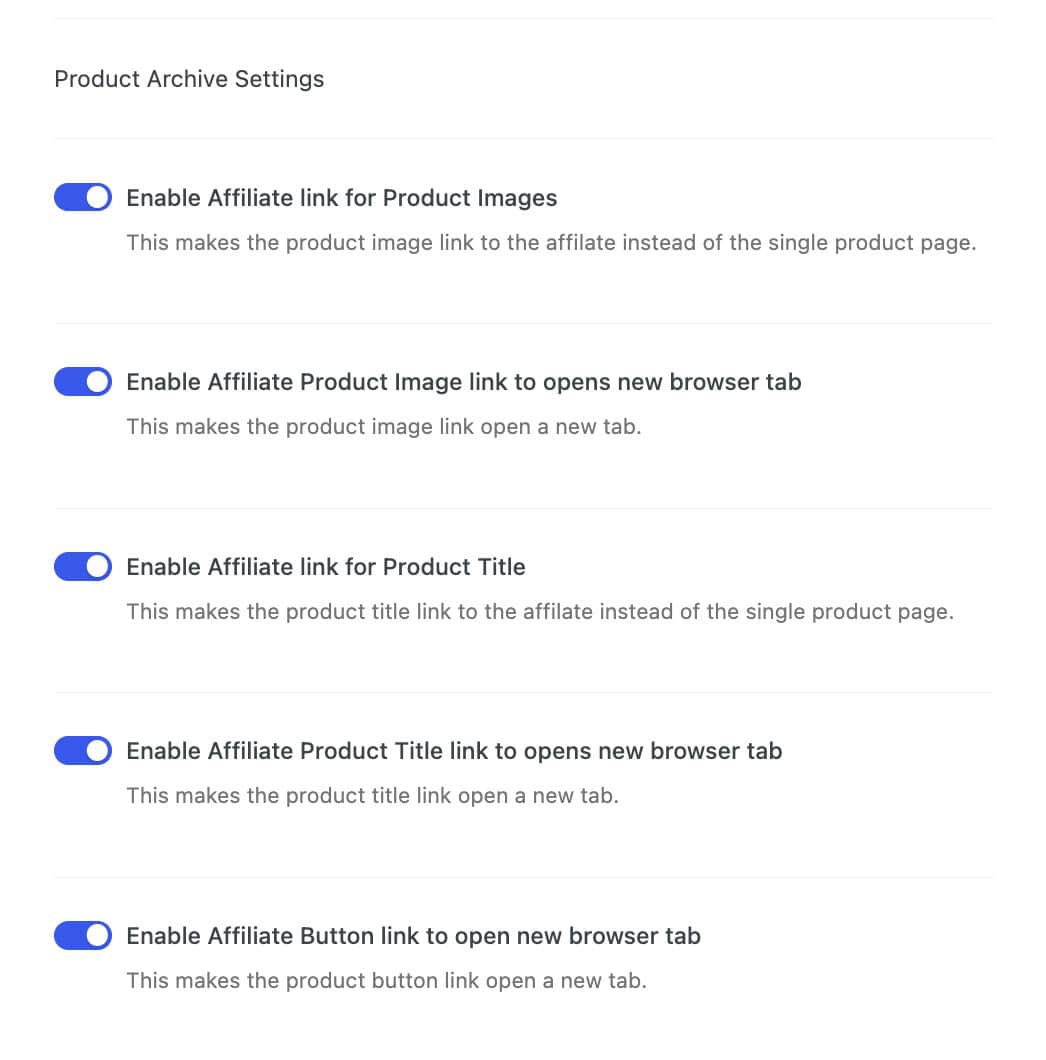 Affiliate product archive settings