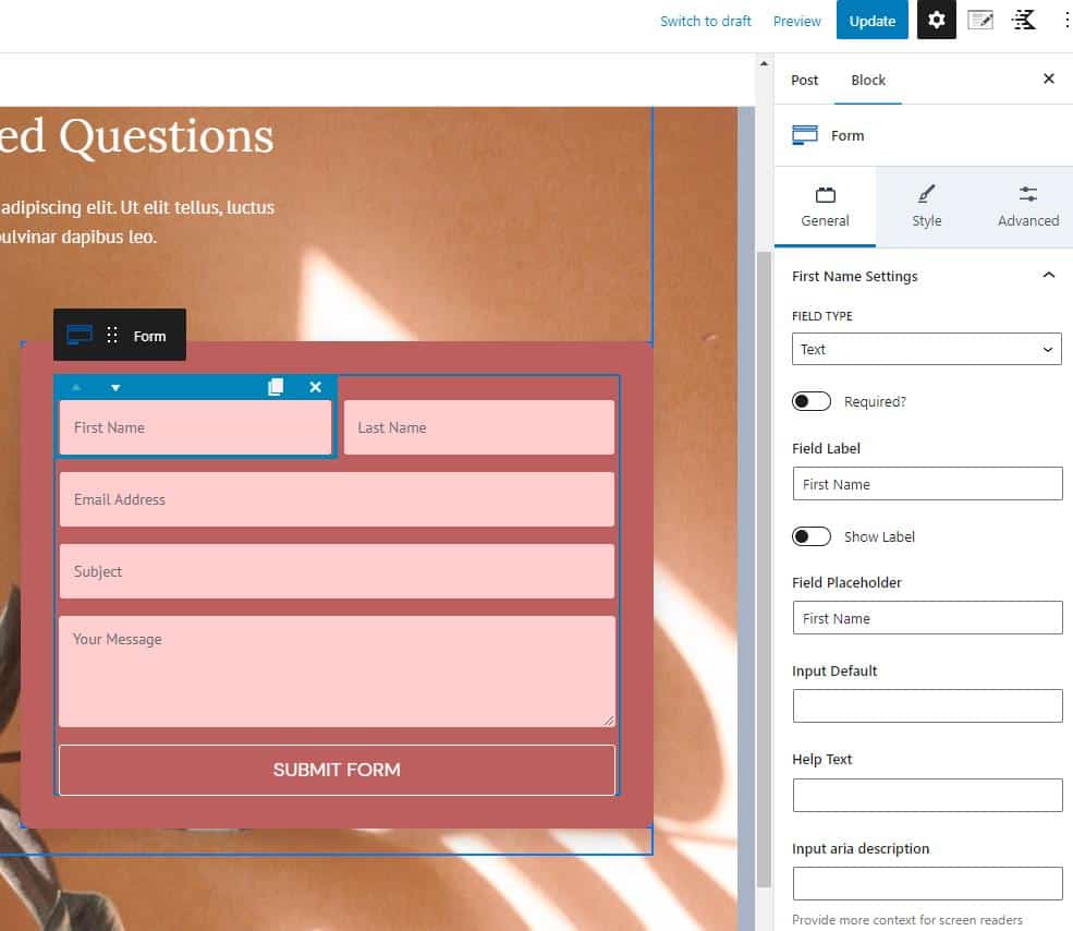 Kadence form in Gutenberg editor