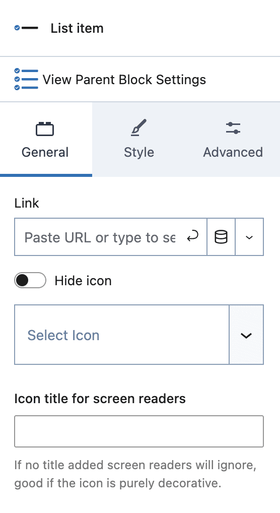 Icon List Block - Item - General Settings