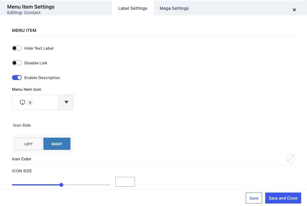 Mega Menu Item Settings