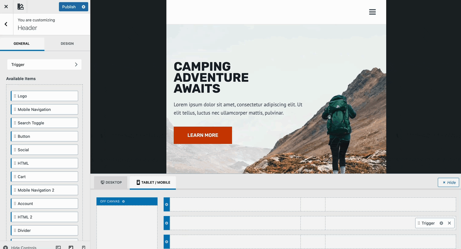 Mobile Navigation and Header Settings