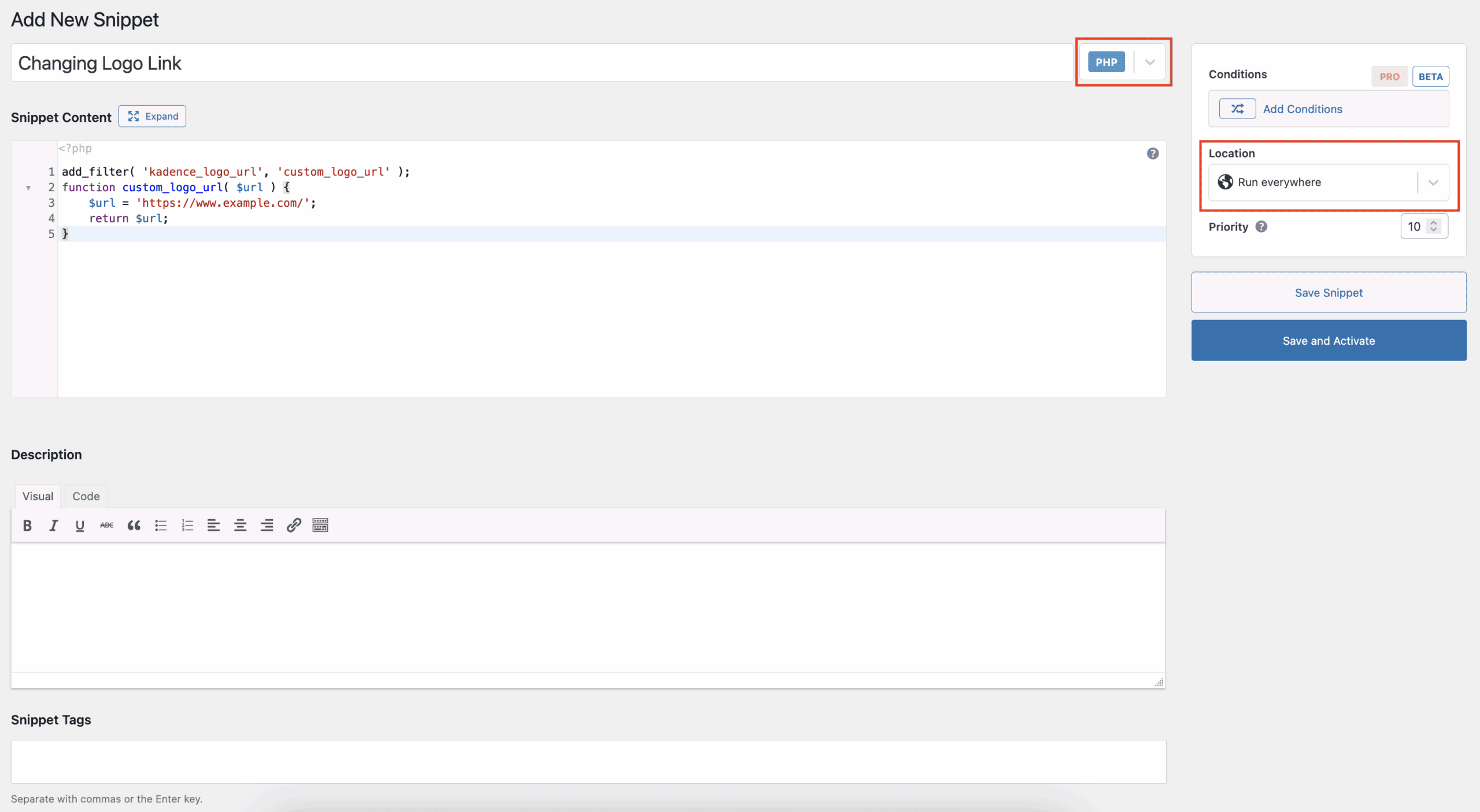 Code Snippets - adding a new PHP snippet
