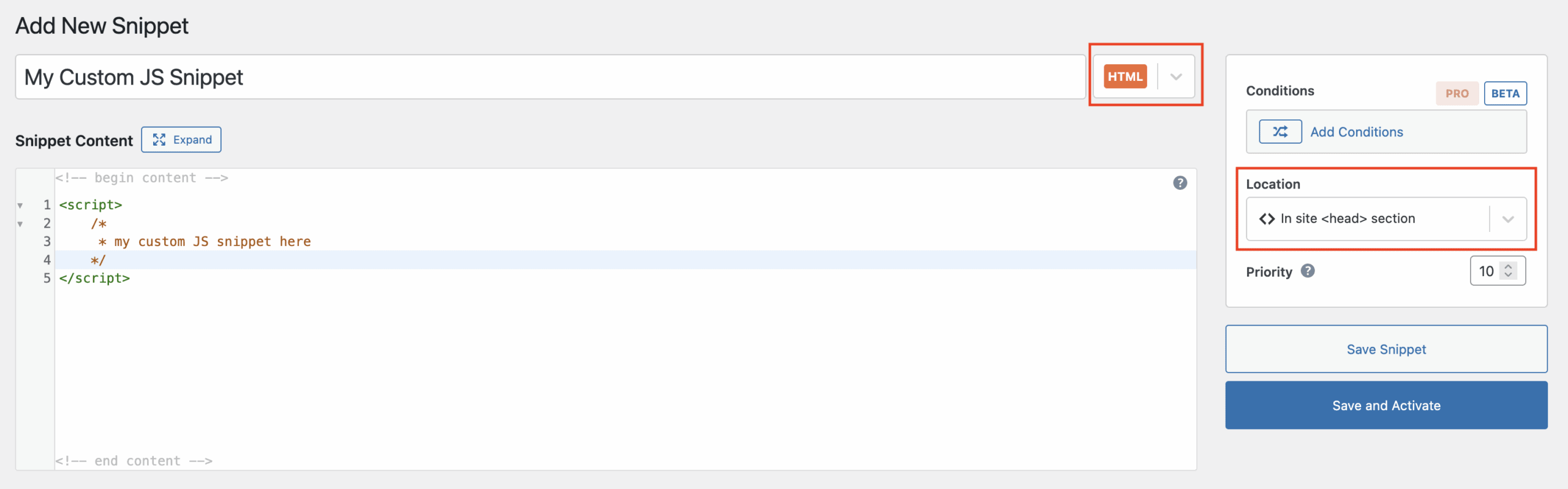 Code Snippets - adding an HTML snippet