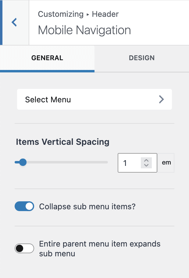 Mobile Navigation - General Settings