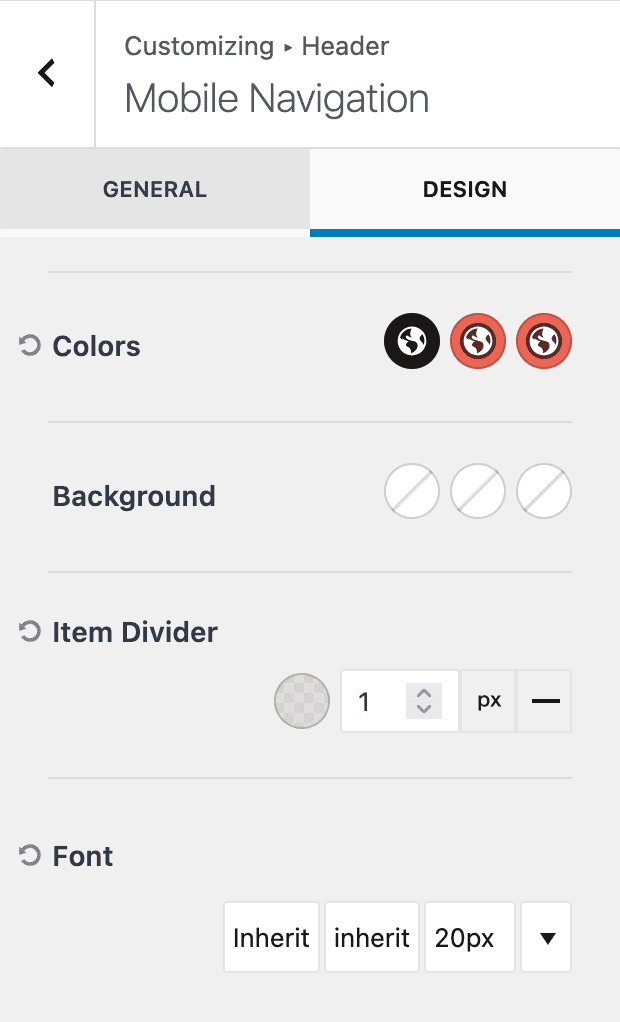 Mobile Navigation - Design Settings