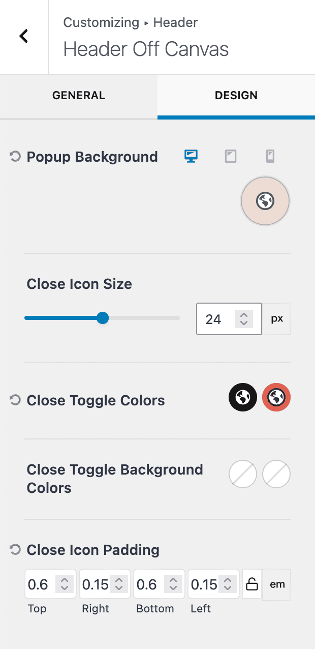 Off Canvas - Design Settings