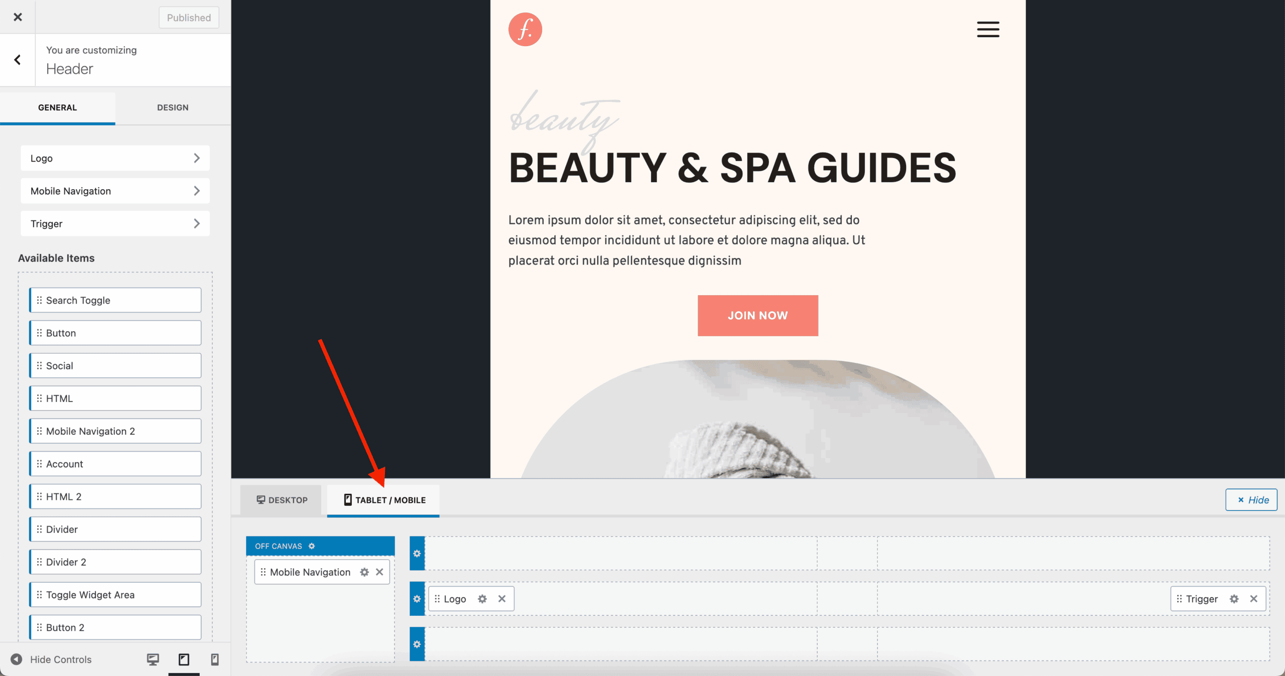 Customizer - Kadence Header - Tablet/Mobile