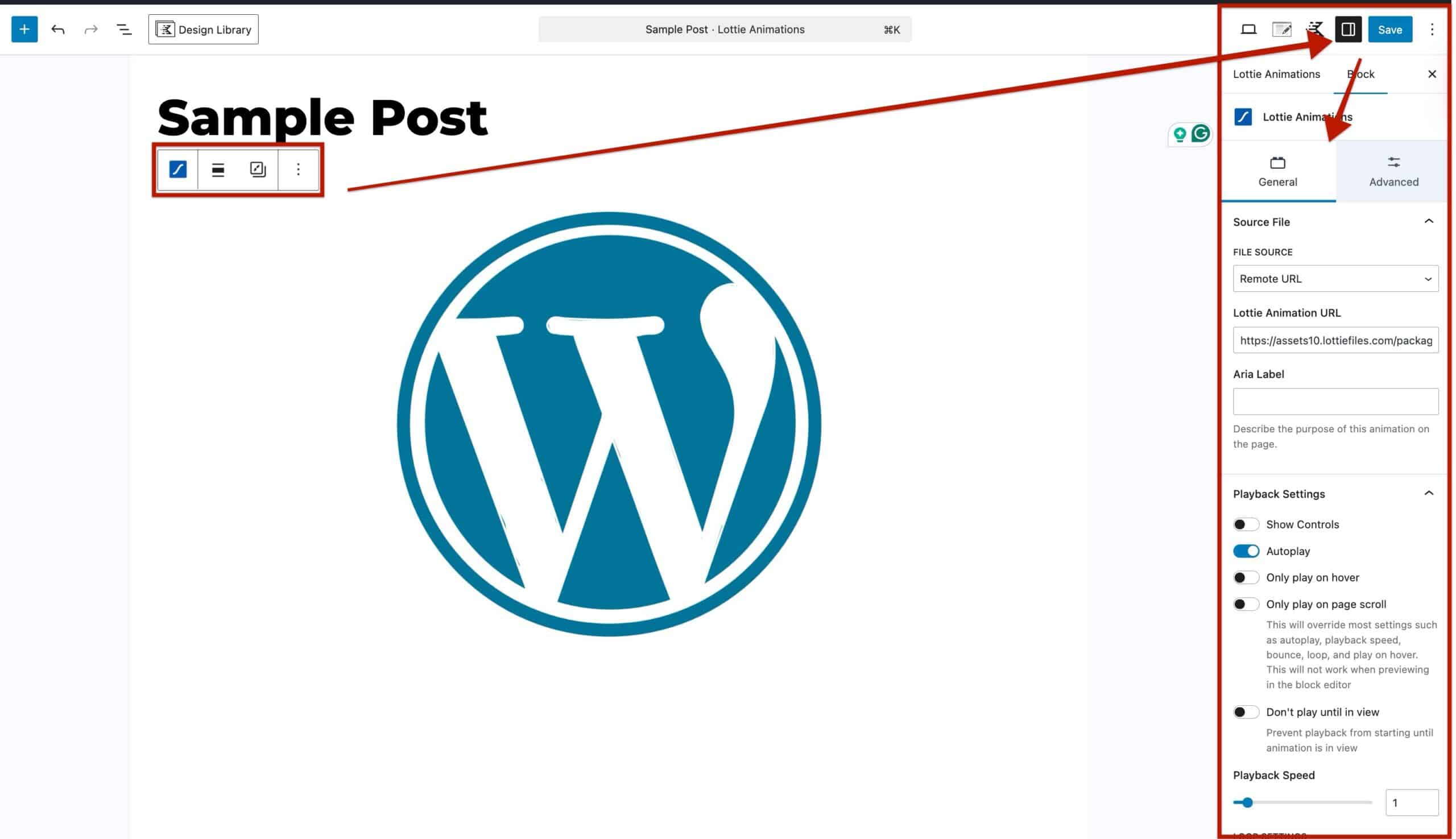 Lottie Animations block settings