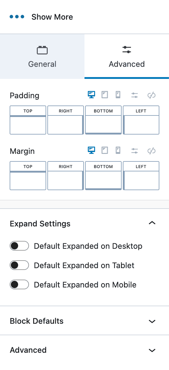 Show More block - Advanced Settings
