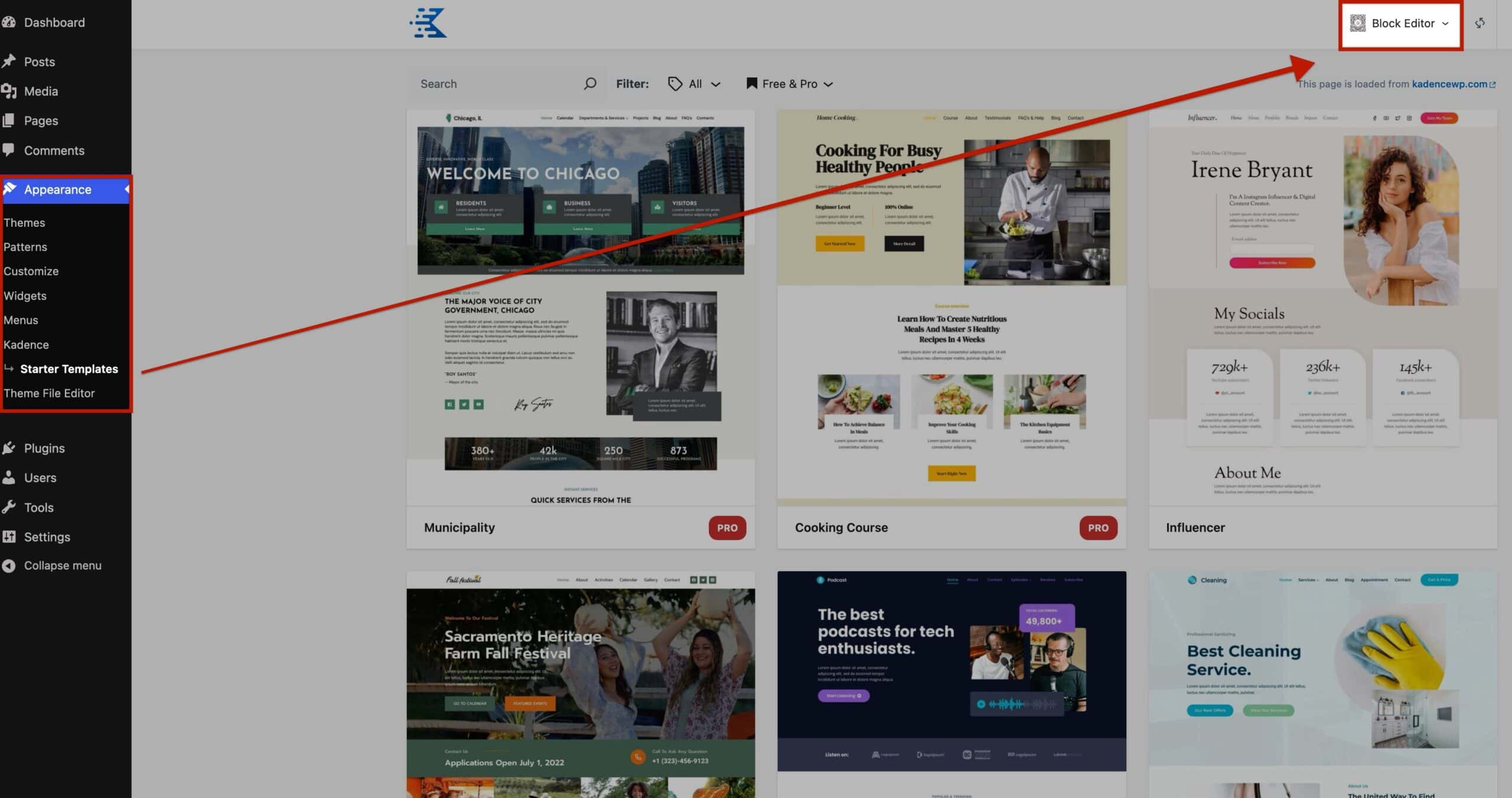 Starter Templates Page