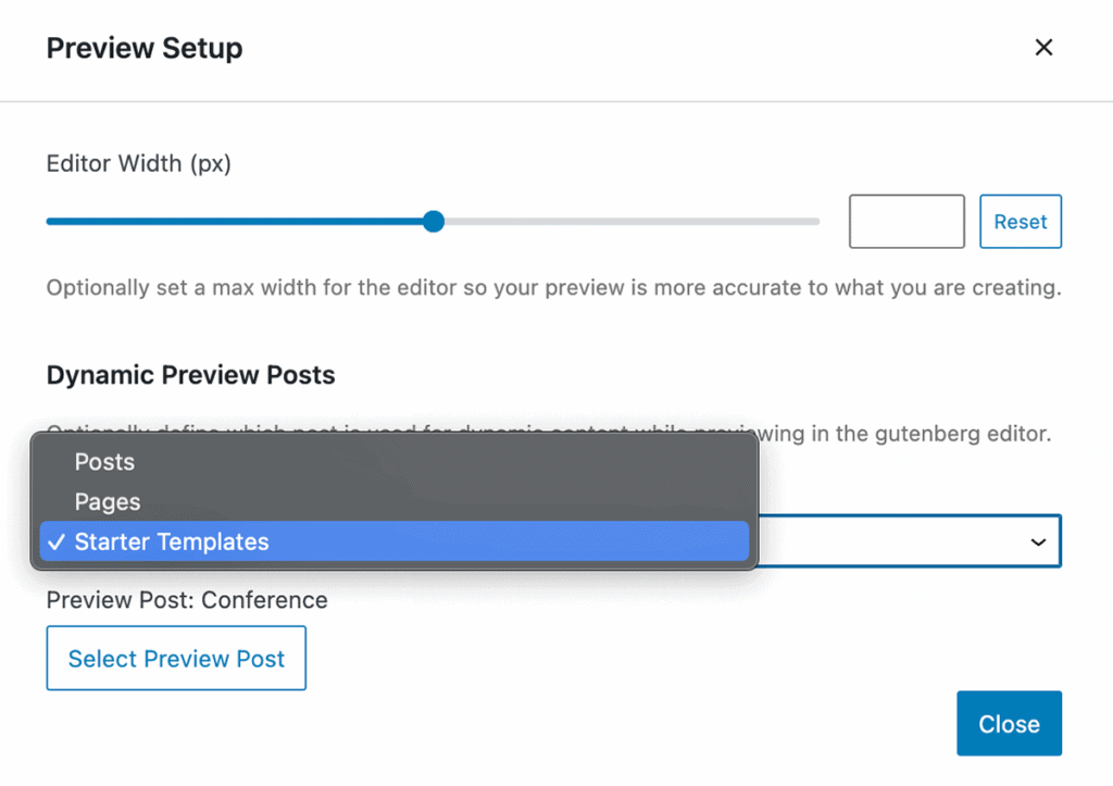 kadence elements preview settings