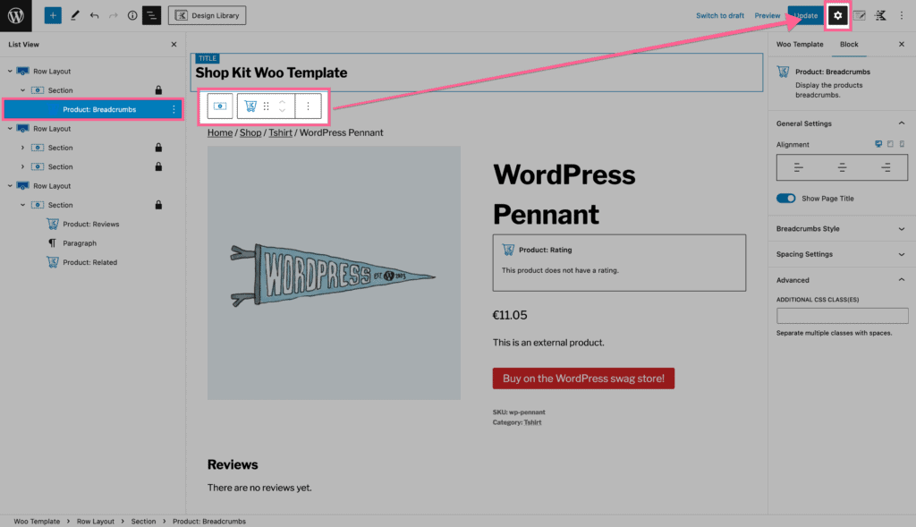 Product Breadcrumbs Block Settings