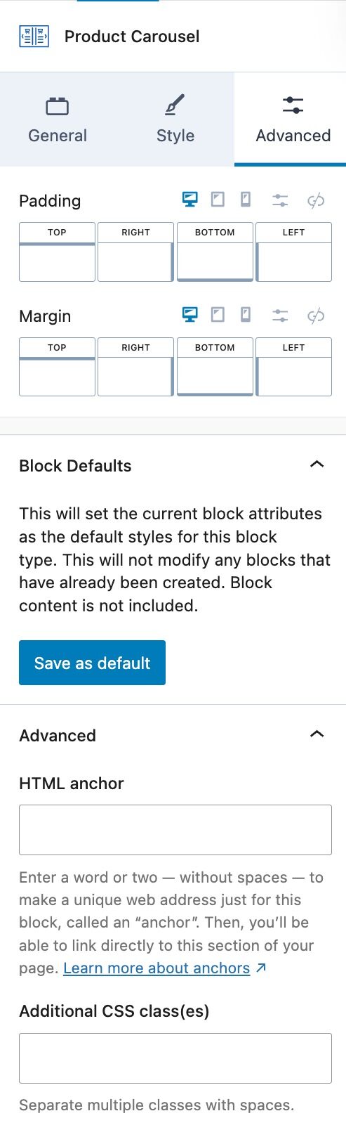 Product Carousel Advanced Block Settings