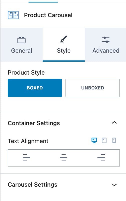 Product Carousel Style Settings