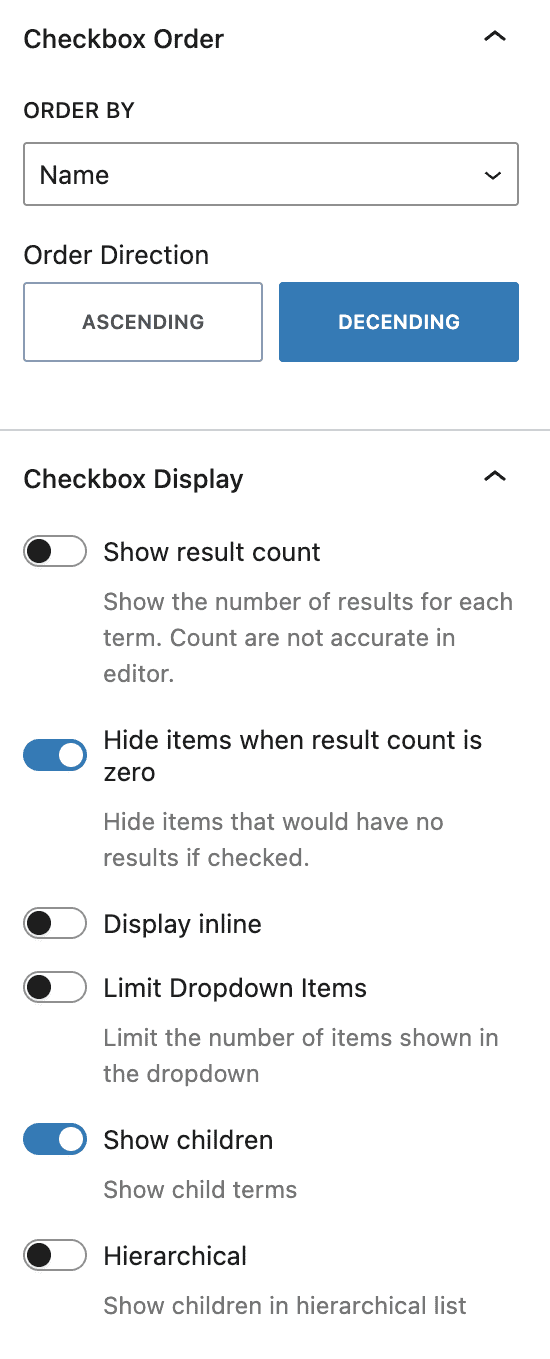 Filter Checkbox Display Settings