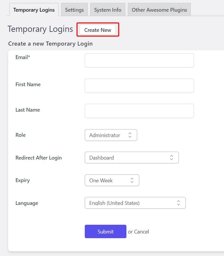 Temporary Logins Create New