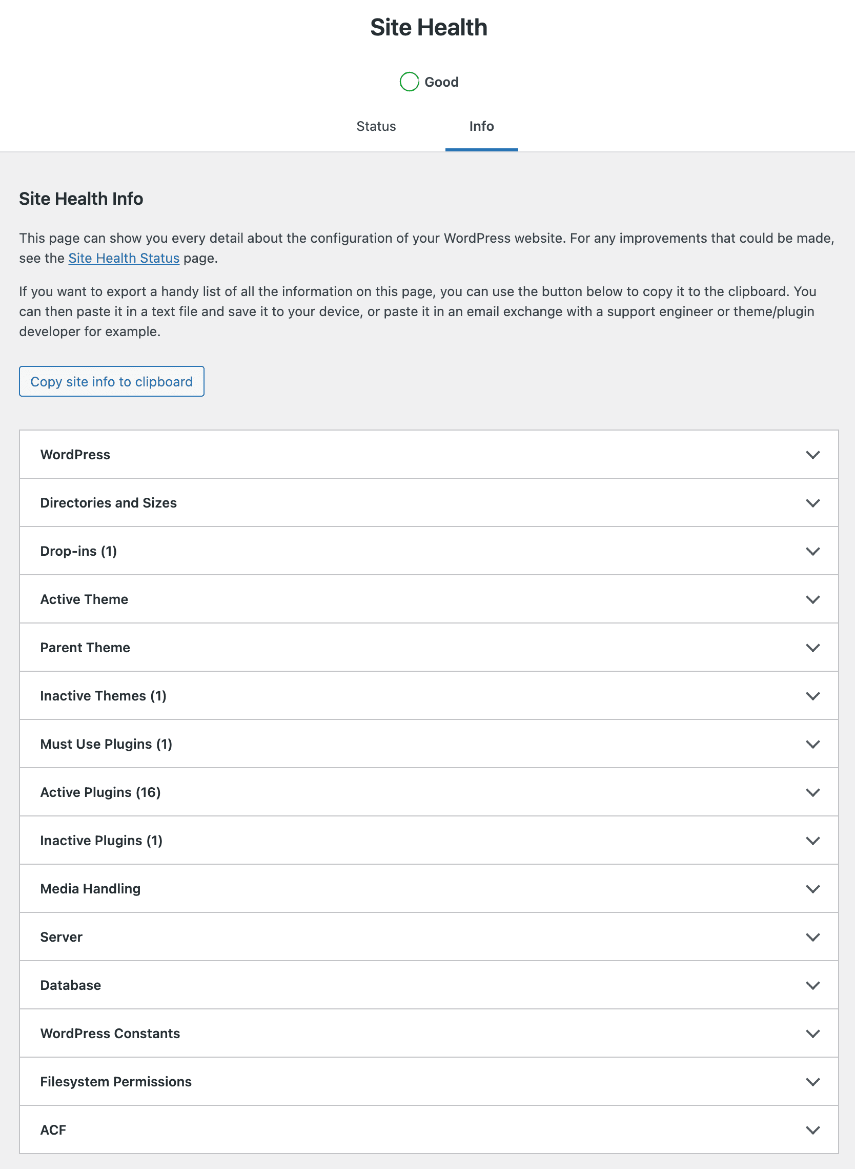 Site Health - Info tab