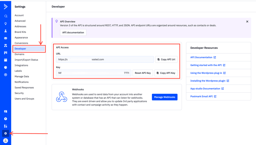 ActiveCampaign API URL and Key
