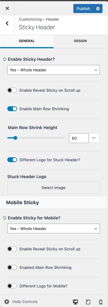 Sticky Header Settings