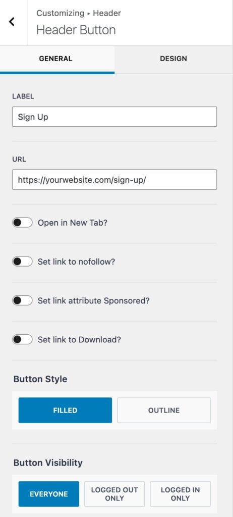 Buttons General Settings