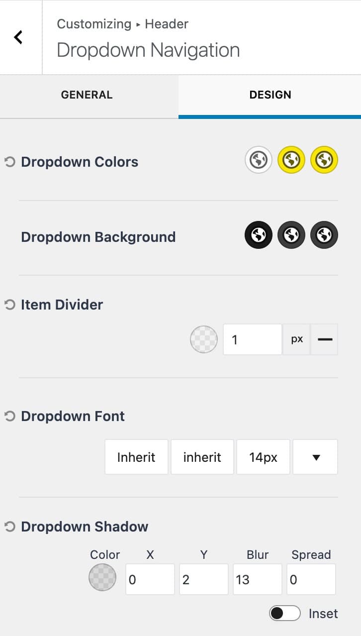 Dropdown Design Settings