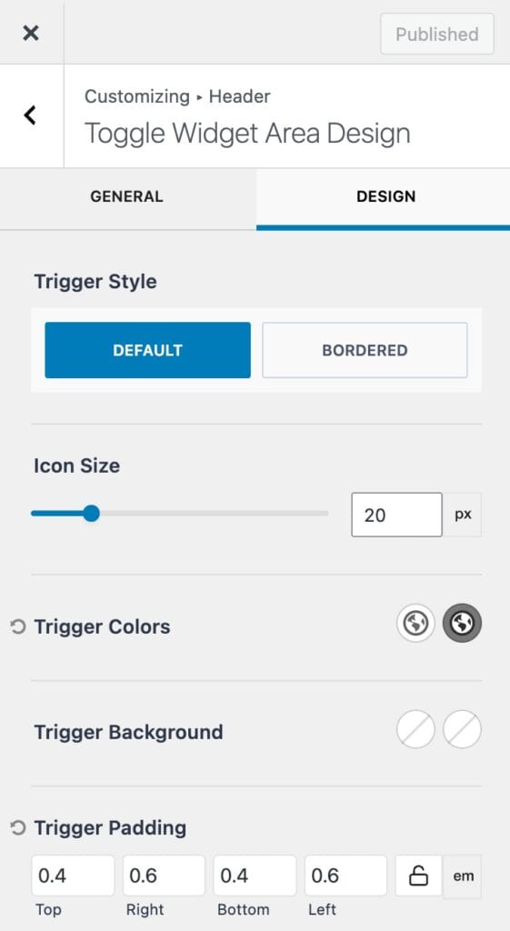 Toggle Widget Area Design Settings