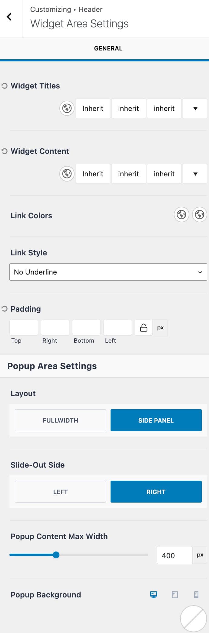 Widget Area Toggle Settings