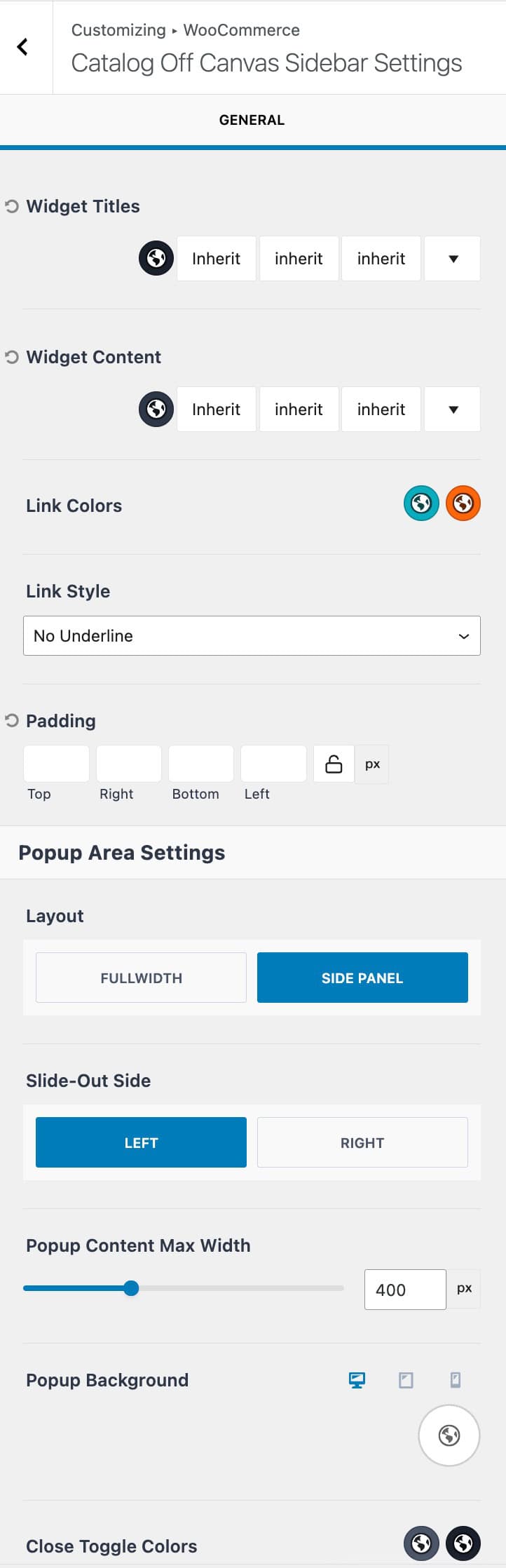 Off Canvas Sidebar Settings