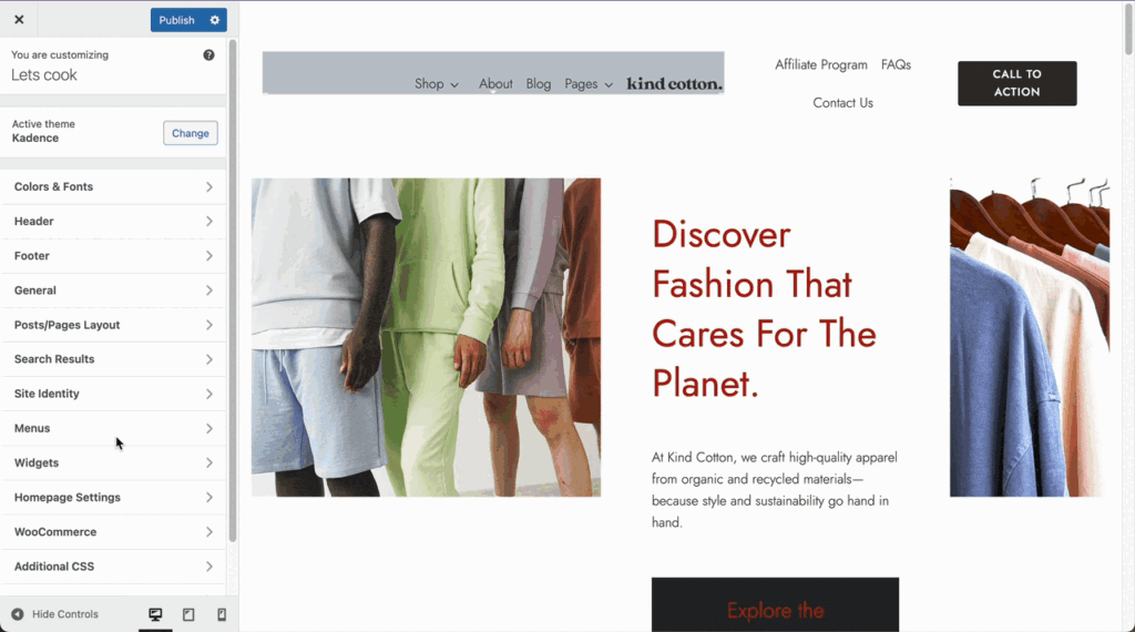 edit menu from customizer