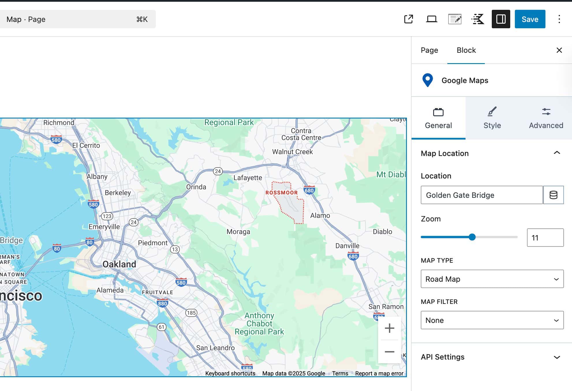 Google Maps Block Settings