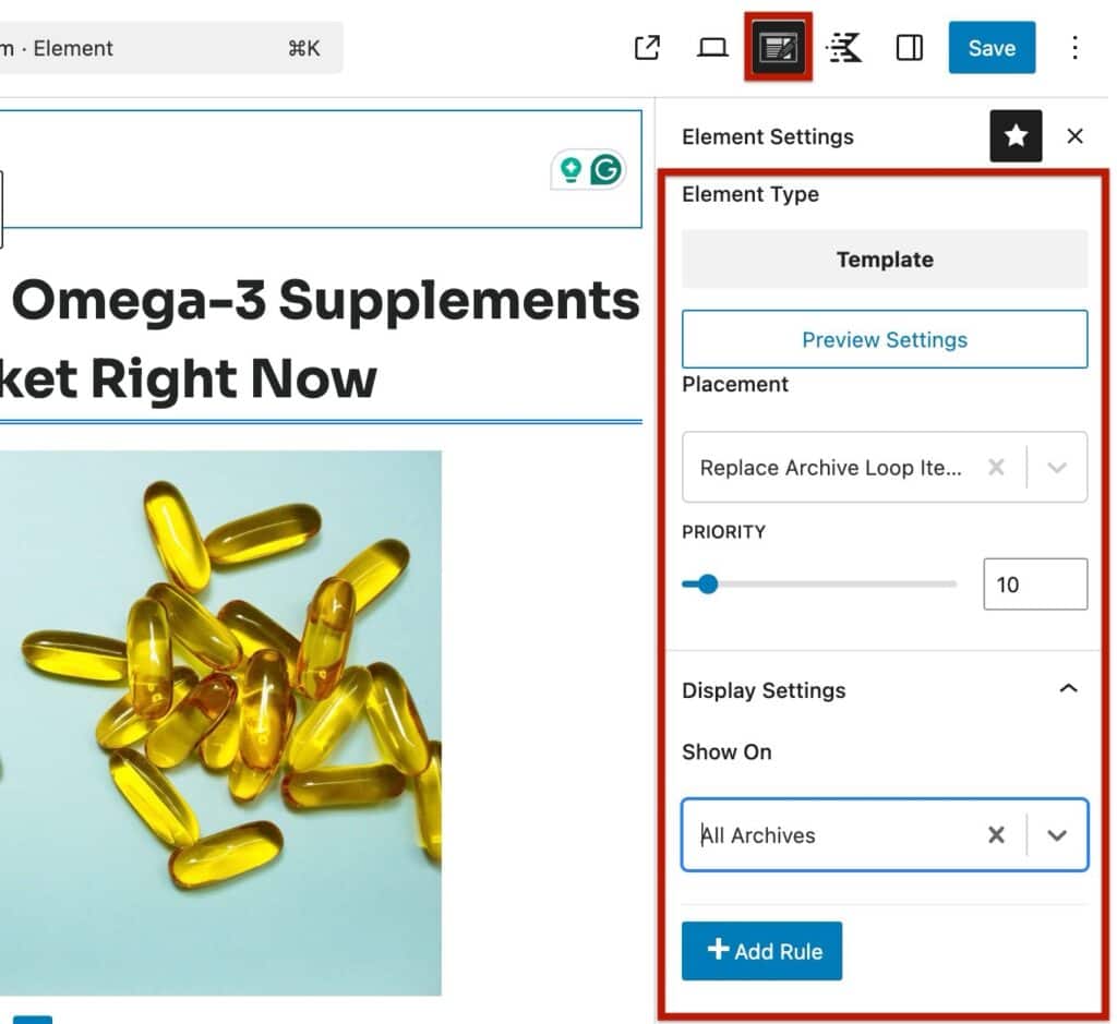 Element Settings Shown