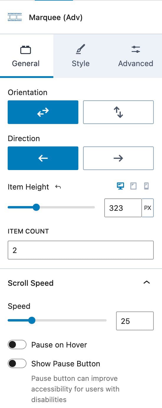 Marquee General Block Settings