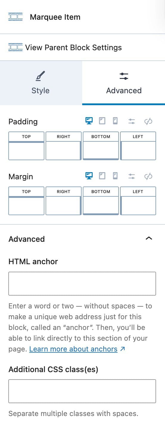 Marquee Item Advanced Settings