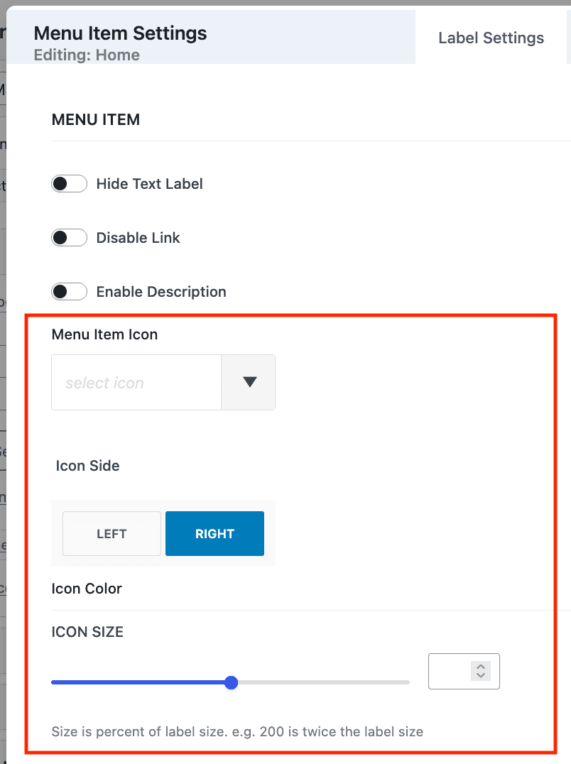 Menu Item Settings - Icon Settings