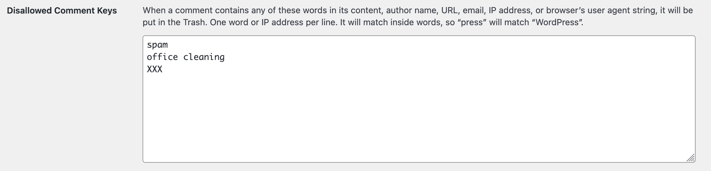 WordPress Disallowed Comment Keys