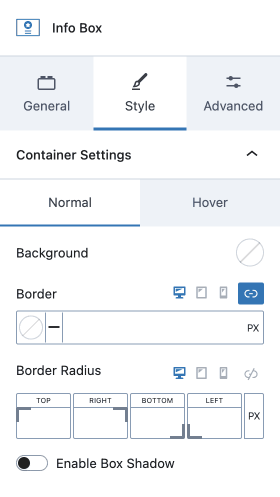 Info Box - Style - Container Settings