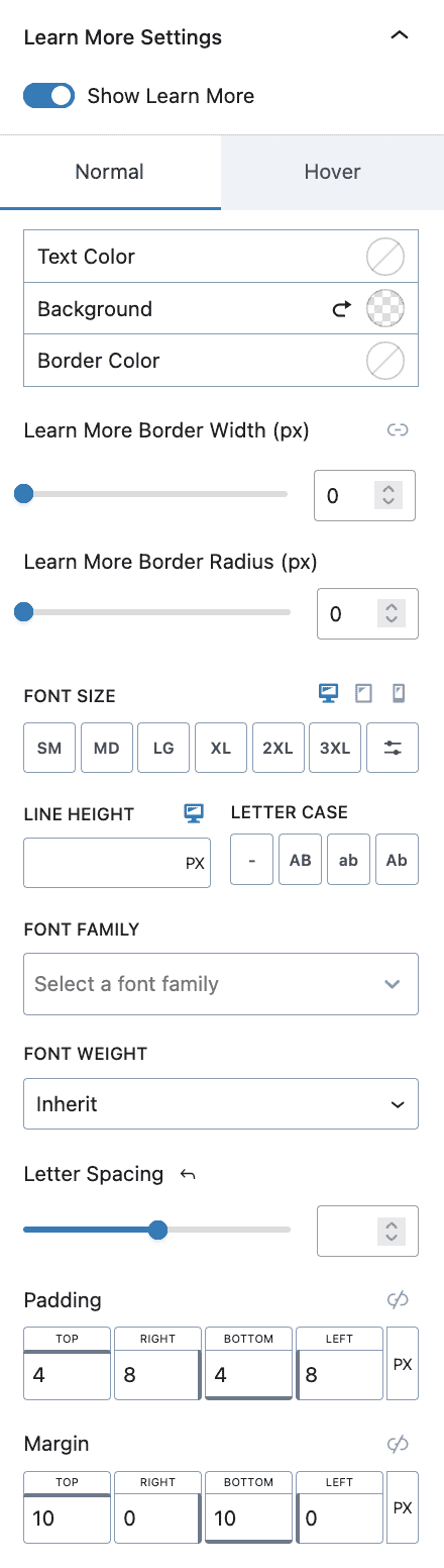 Info Box - Style - Learn More Settings