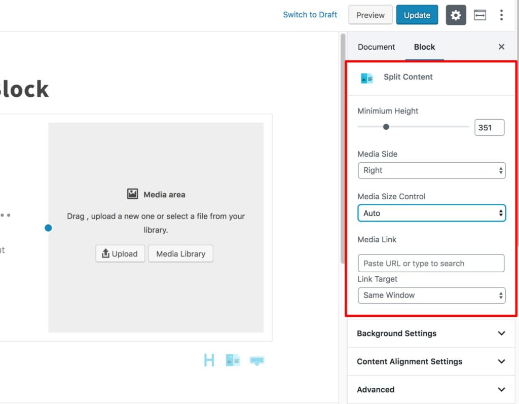 Main Split Content Settings