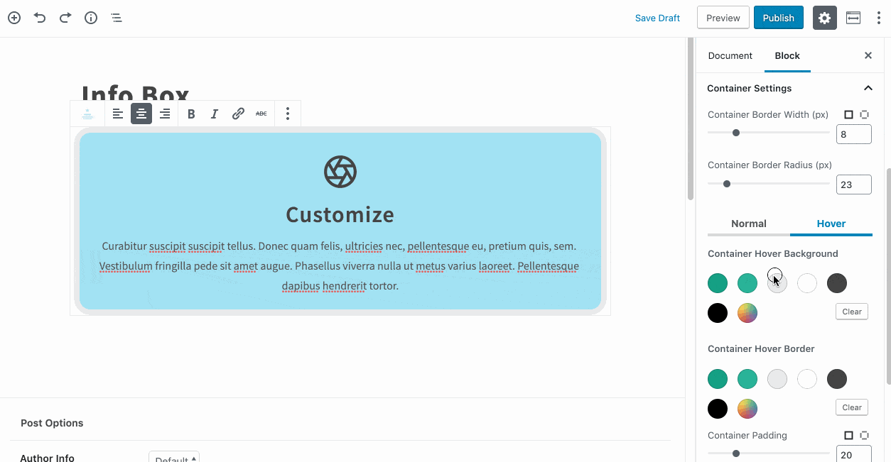 Container Hover Settings