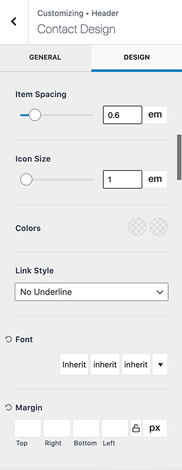 Contact header item design settings