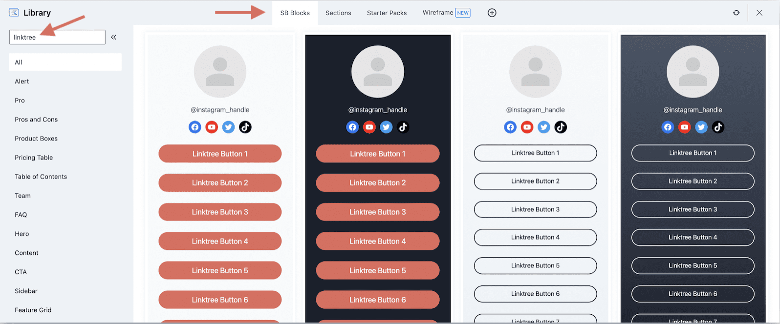 The different blocks that can be used to build a link tree in Start Blogging Blocks