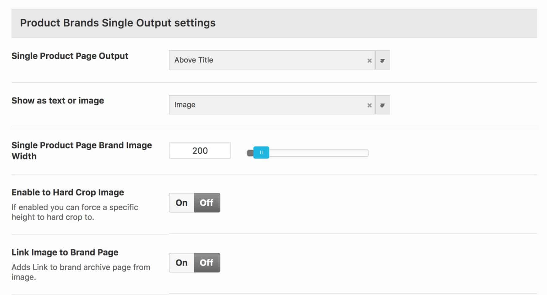 Product Brands Single Output Settings