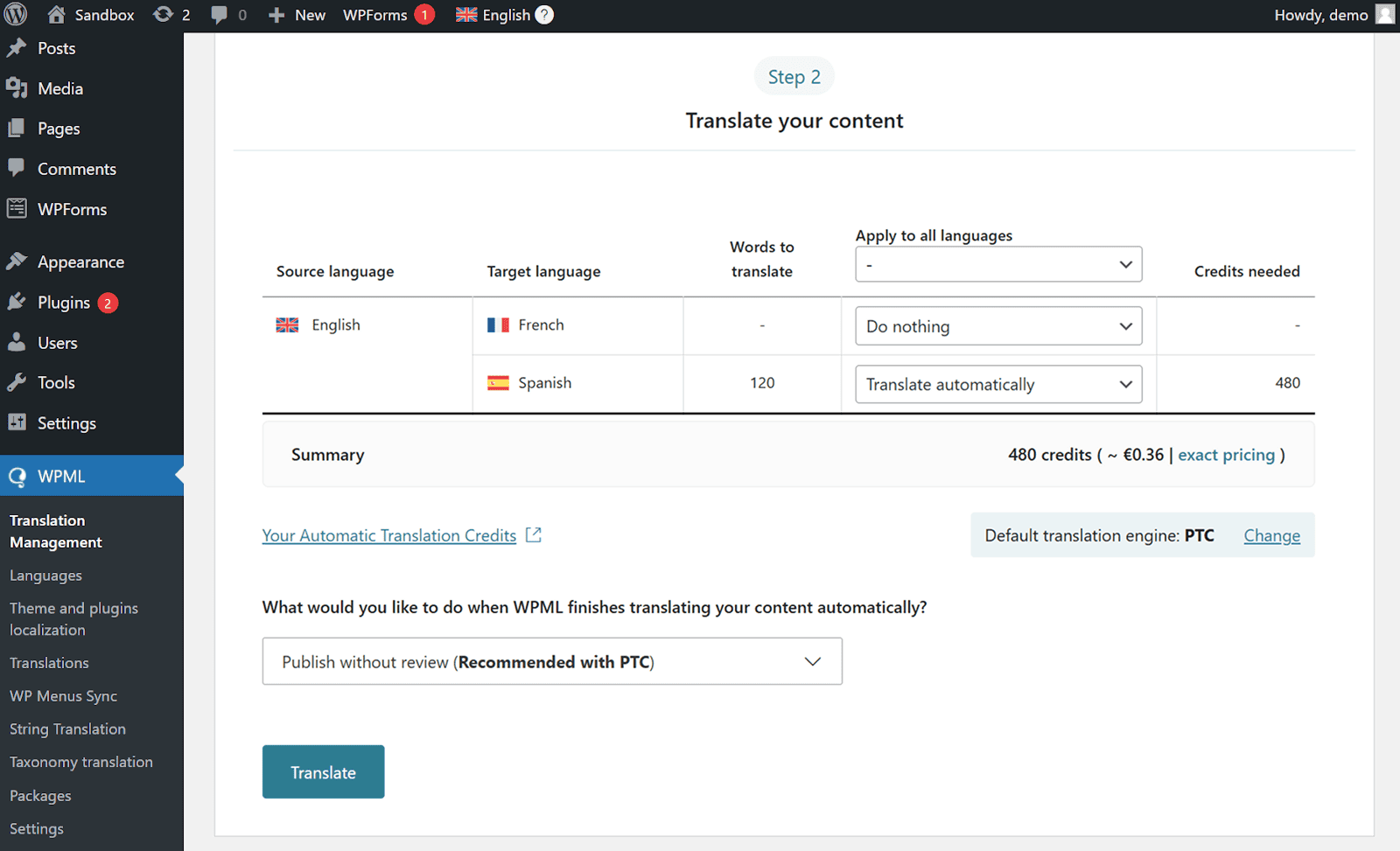 Choosing translation method for content