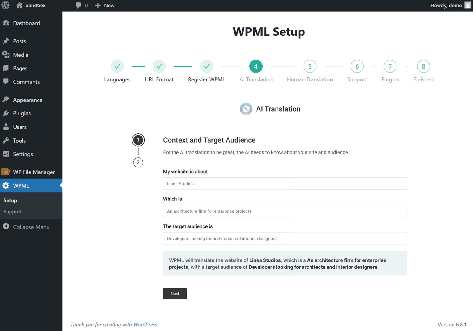 Entering context for translation