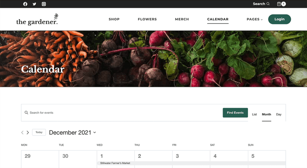 The Events Calendar in The Gardener Starter Template