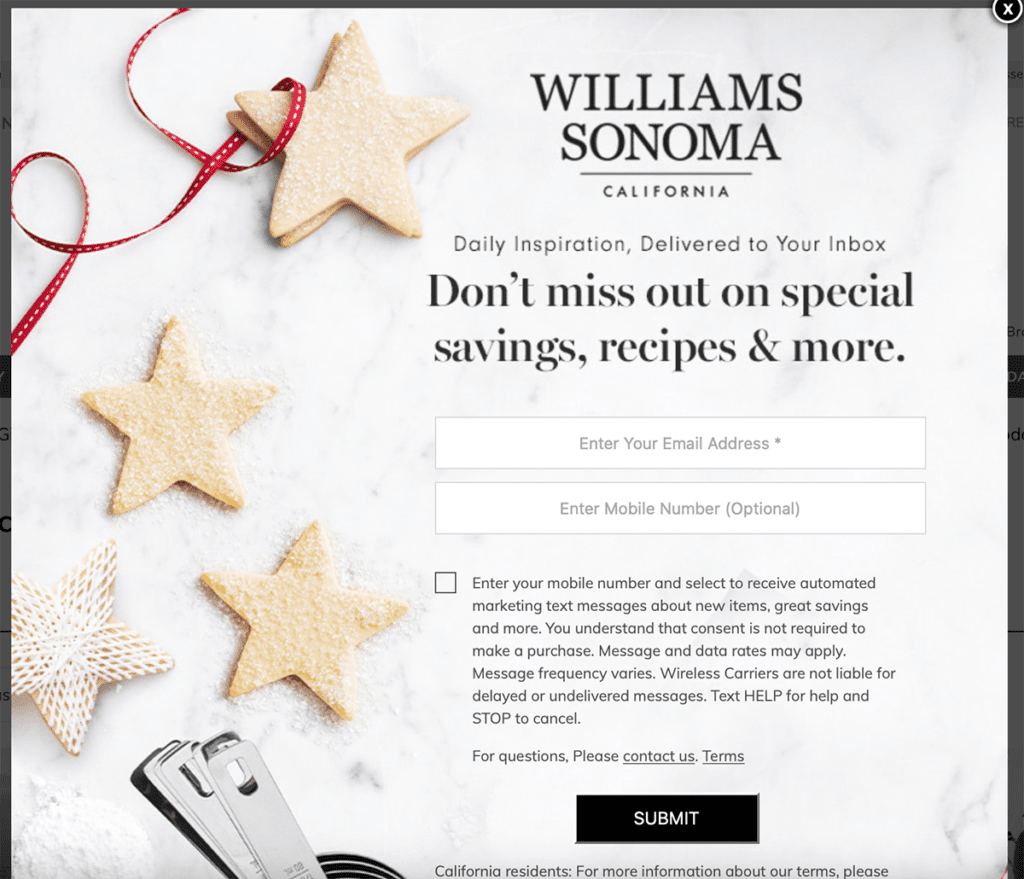Williams Sonoma popup