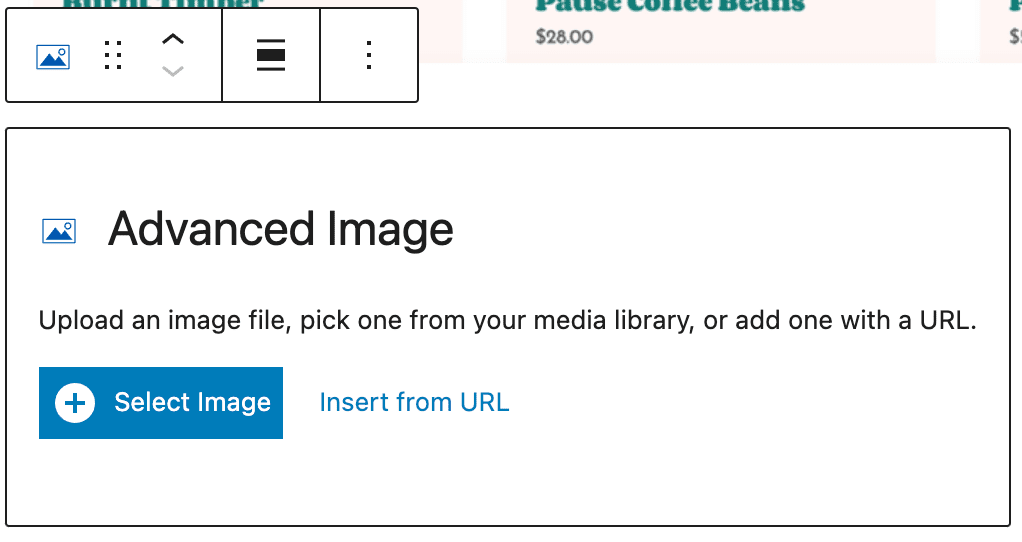 Selecting an Advanced Image in the block editor
