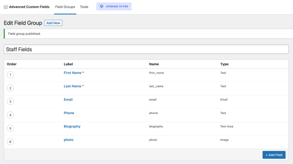 view and reorder field types