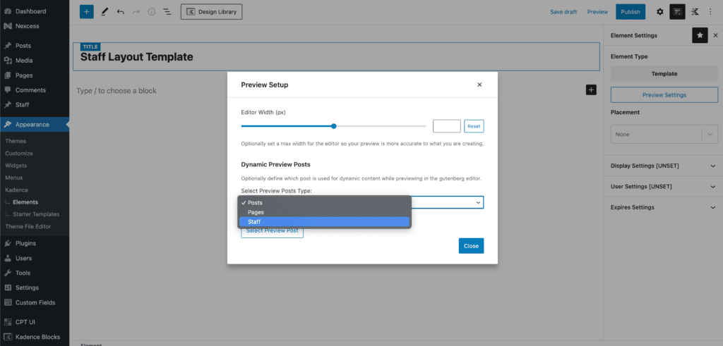 Preview settings for Kadence Elements Template