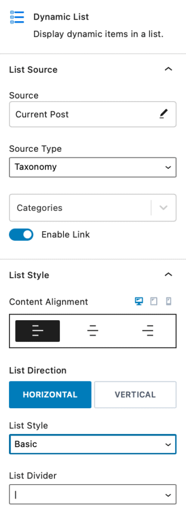 kadence dynamic list block settings